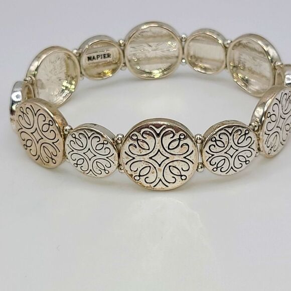 Vintage Napier Silver Toned Bracelet with Intricate Design, stretchy - Picture 4 of 5